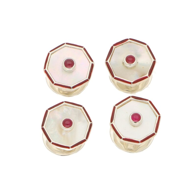 Ruby, Mother of Pearl and Enamel Octagonal Shirt Studs