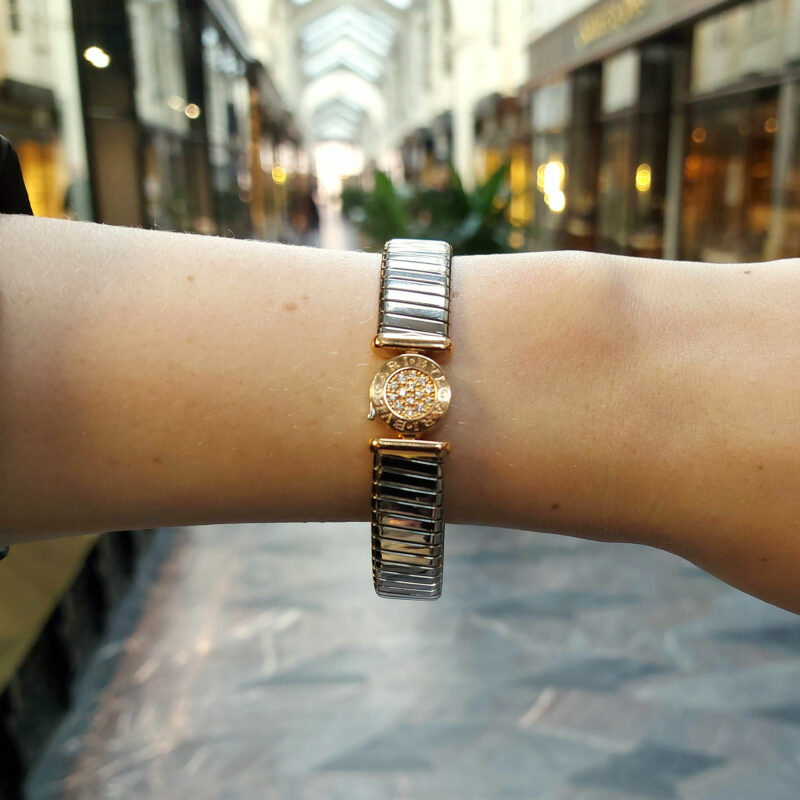 Bvlgari diamond Tubogas bangle in steel and 18k pink gold.