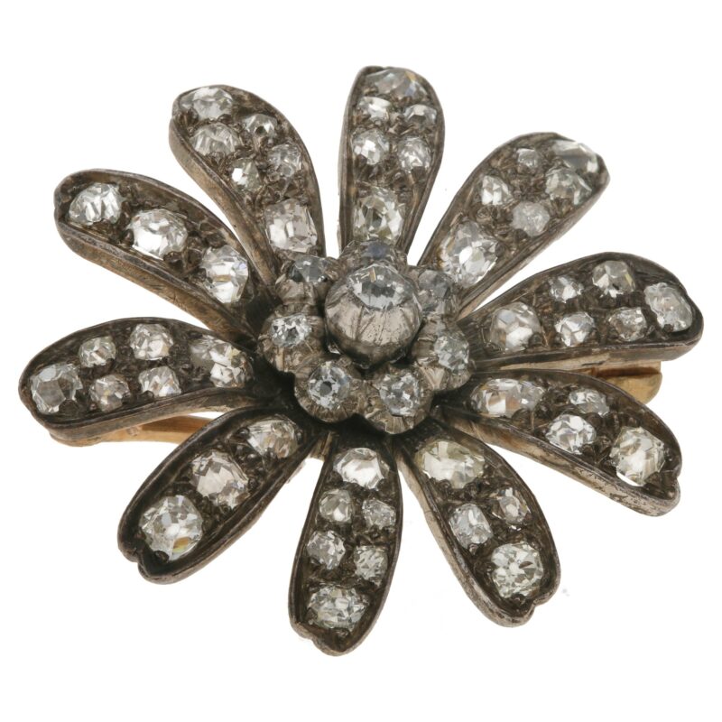 Victorian floral diamond brooch in silver and yellow gold.