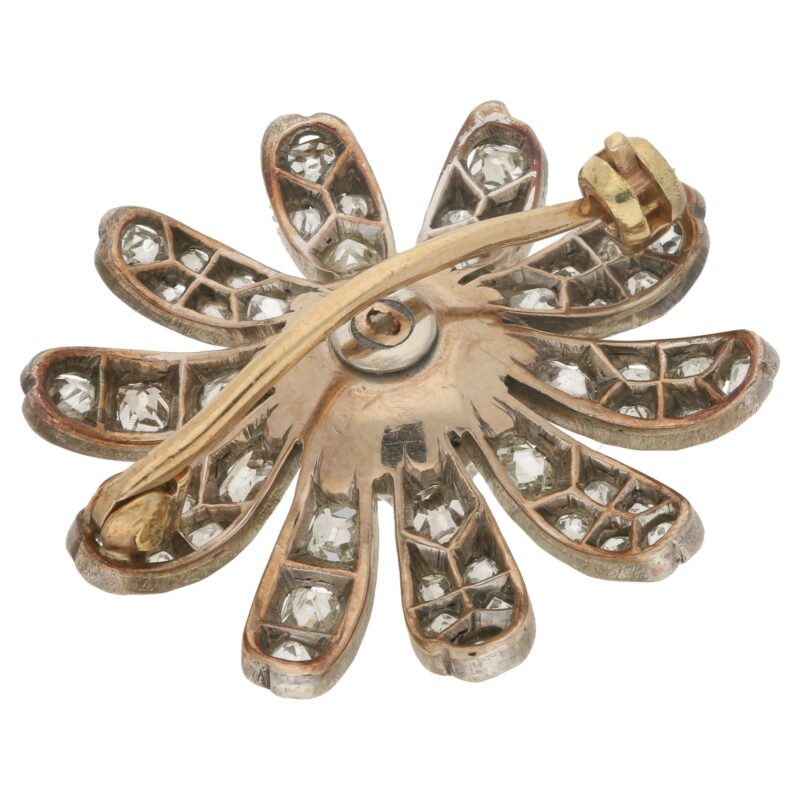 Victorian floral diamond brooch in silver and yellow gold.