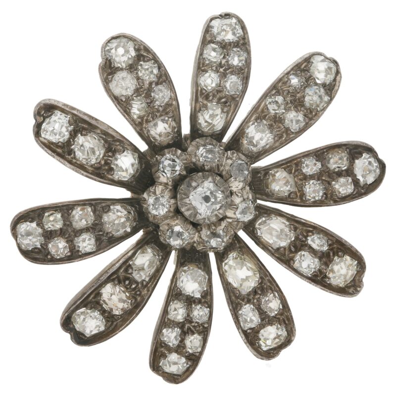 Victorian floral diamond brooch in silver and yellow gold.