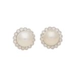 Contemporary Pearl and Diamond Cluster Stud Earrings