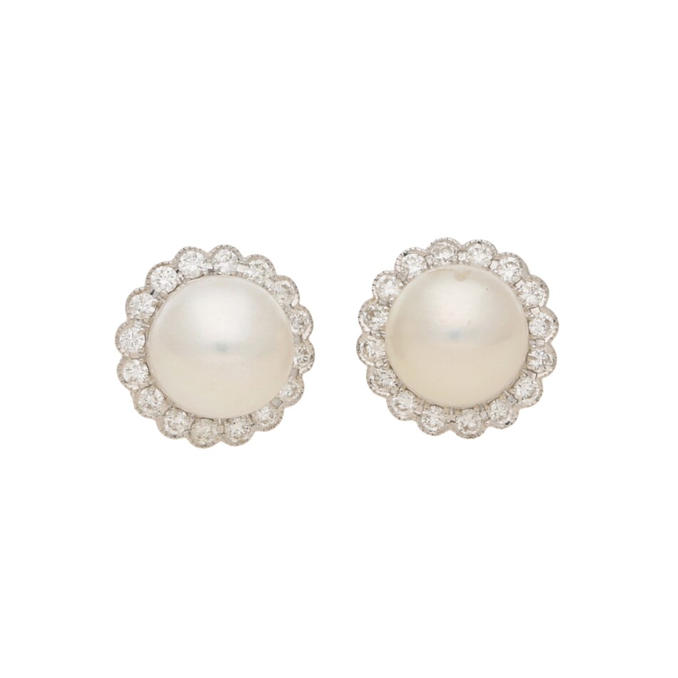 Contemporary Pearl and Diamond Cluster Stud Earrings