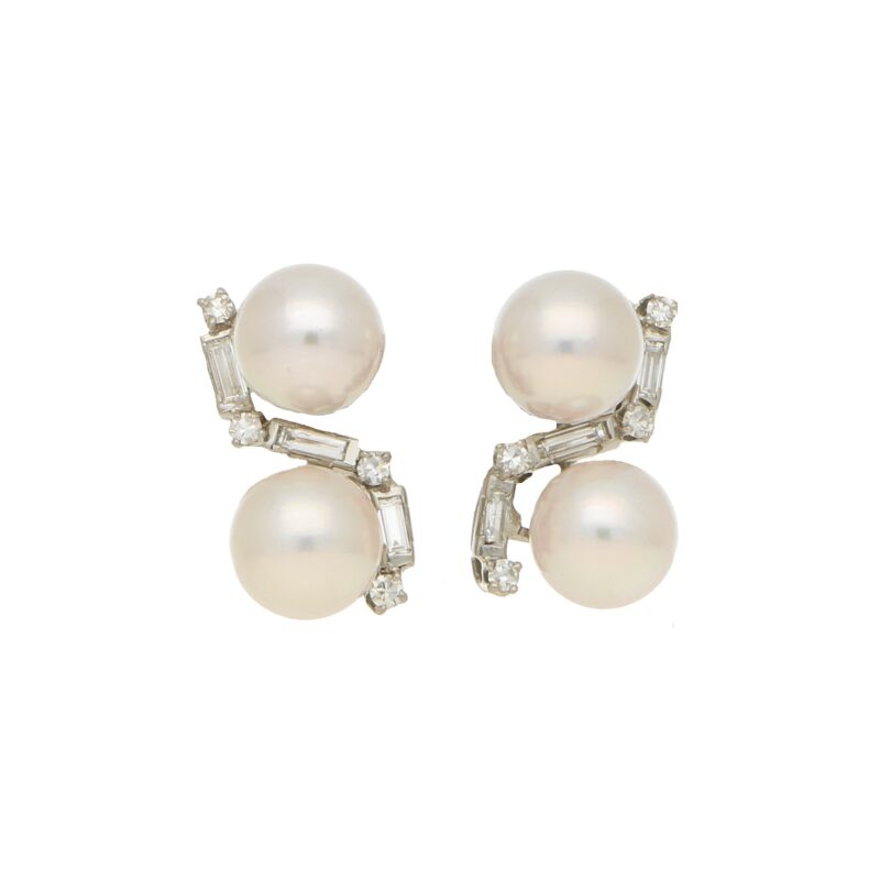 Cross over design cultured pearl and diamond earrings