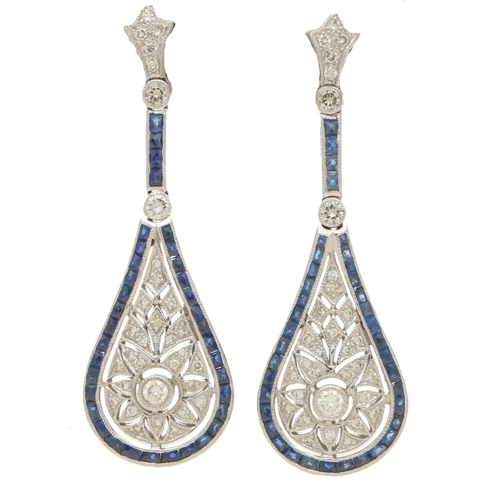 Sapphire & Diamond Art Deco Style Drop Earrings