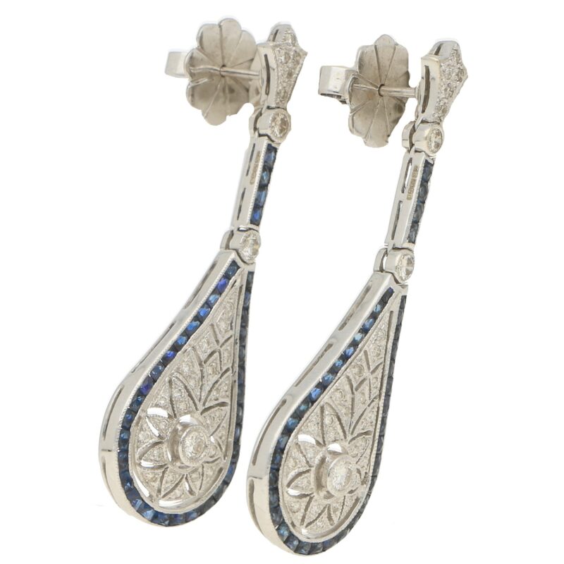 Sapphire & Diamond Art Deco Style Drop Earrings