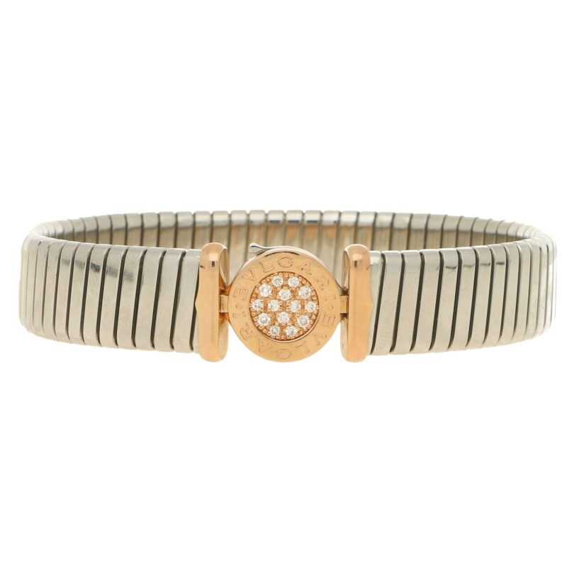 Bvlgari diamond Tubogas bangle in steel and 18k pink gold.