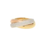 Trinity ring with full diamond set band in 18k tri-colour gold.