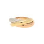 Trinity ring with full diamond set band in 18k tri-colour gold.