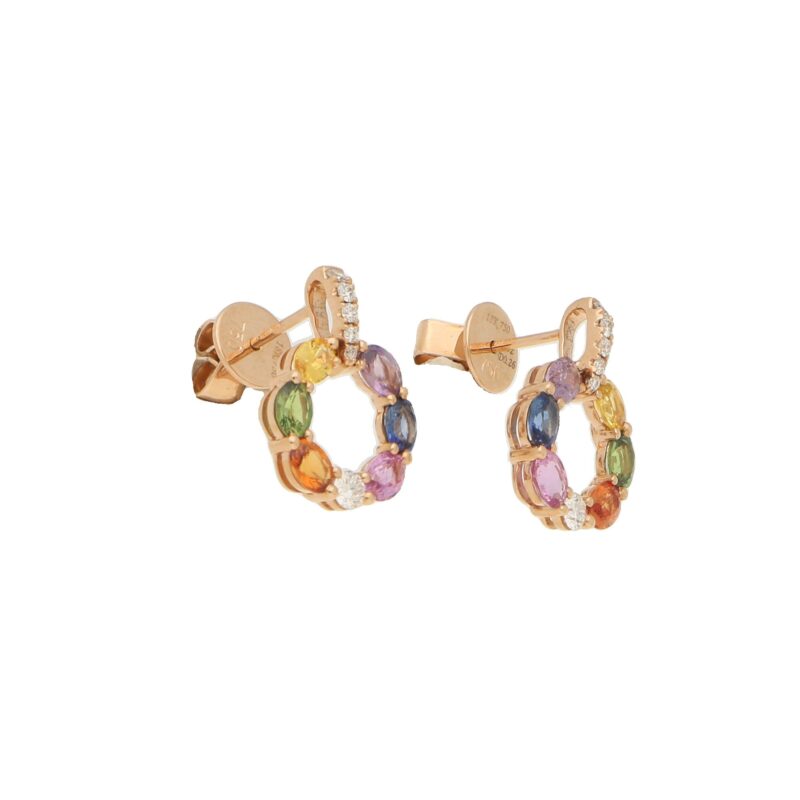 Fancy coloured sapphire and diamond earrings in 18k rose gold.