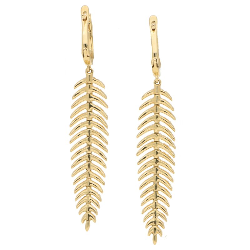 Articulated Feather Diamond Drop Earrings in Yellow Gold