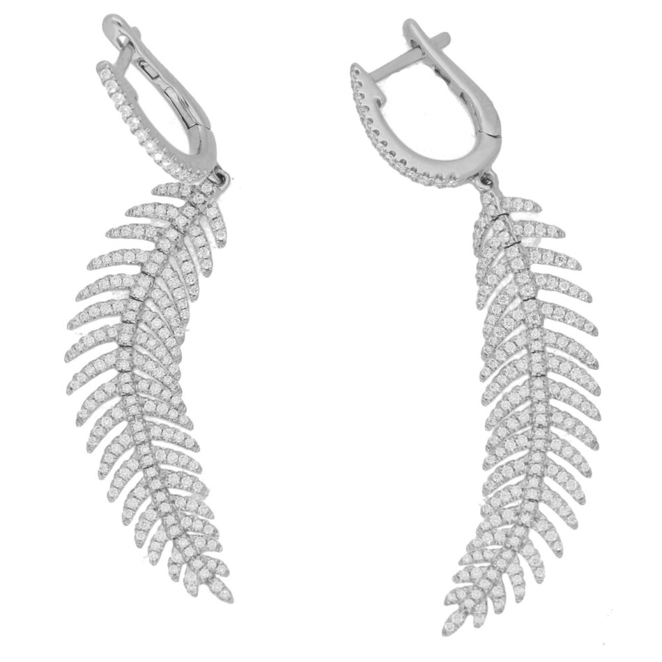 Contemporary Feather Diamond Drop Earrings in White Gold