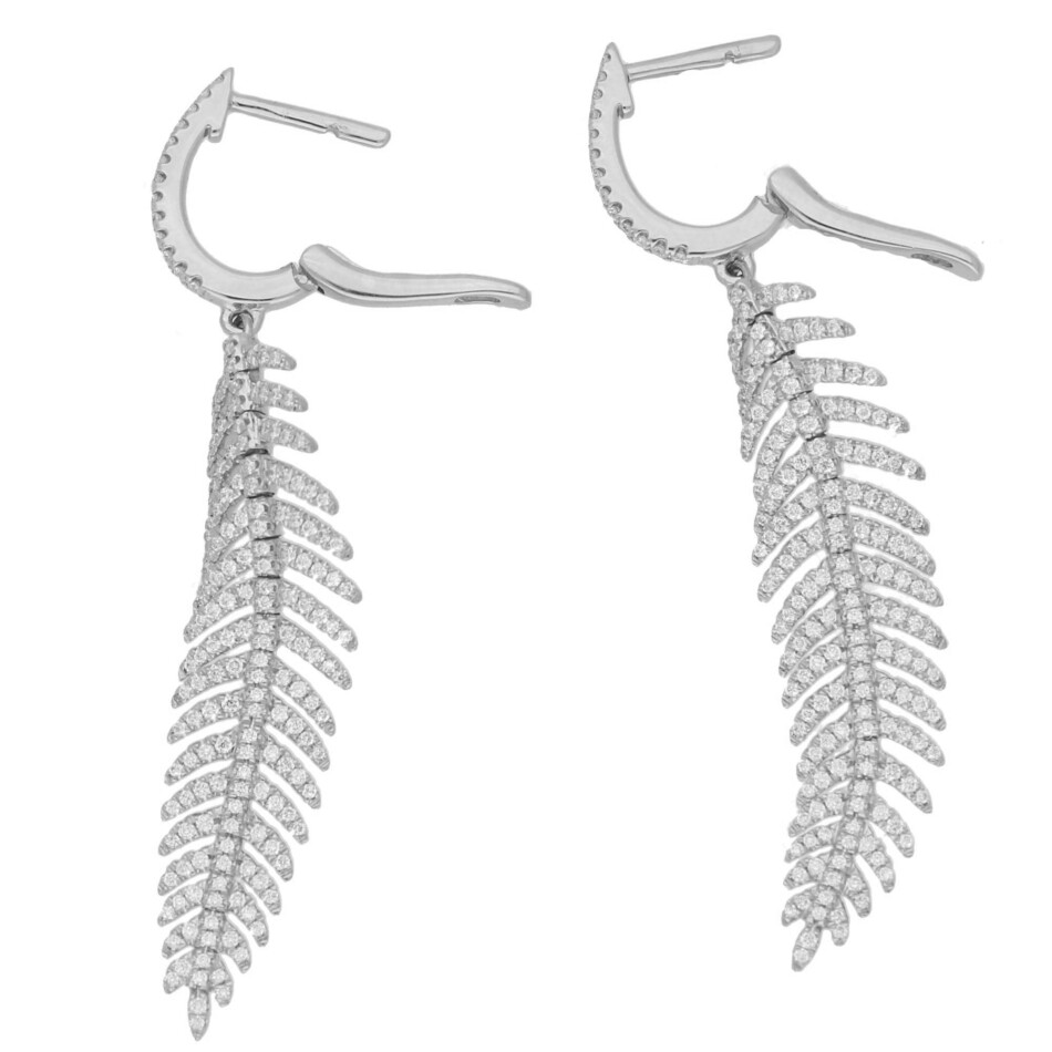Contemporary Feather Diamond Drop Earrings in White Gold