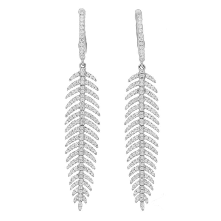 Contemporary Feather Diamond Drop Earrings in White Gold