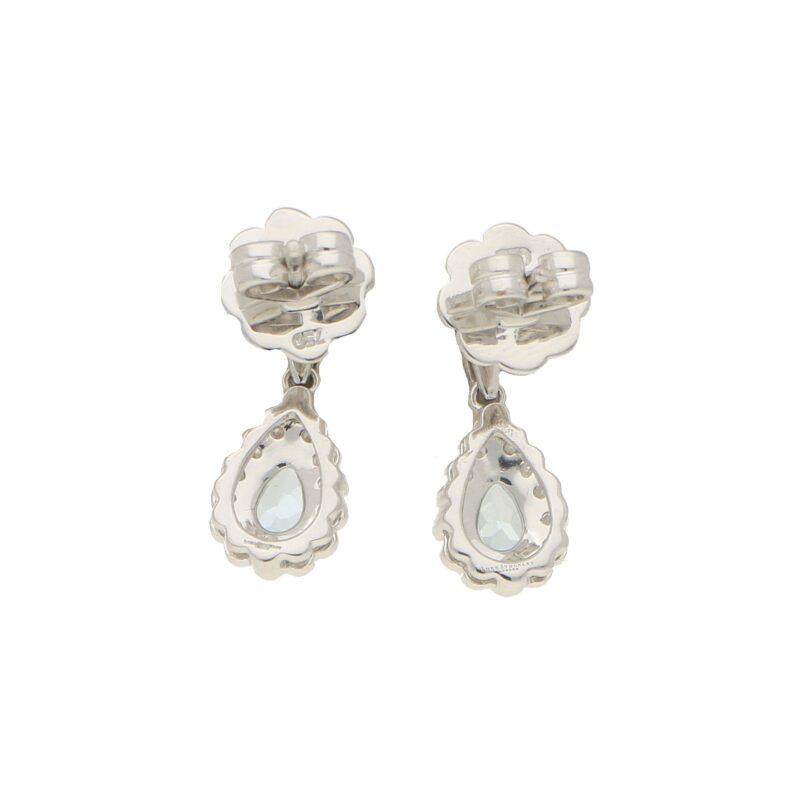 Aquamarine and diamond cluster earrings in 18k white gold.