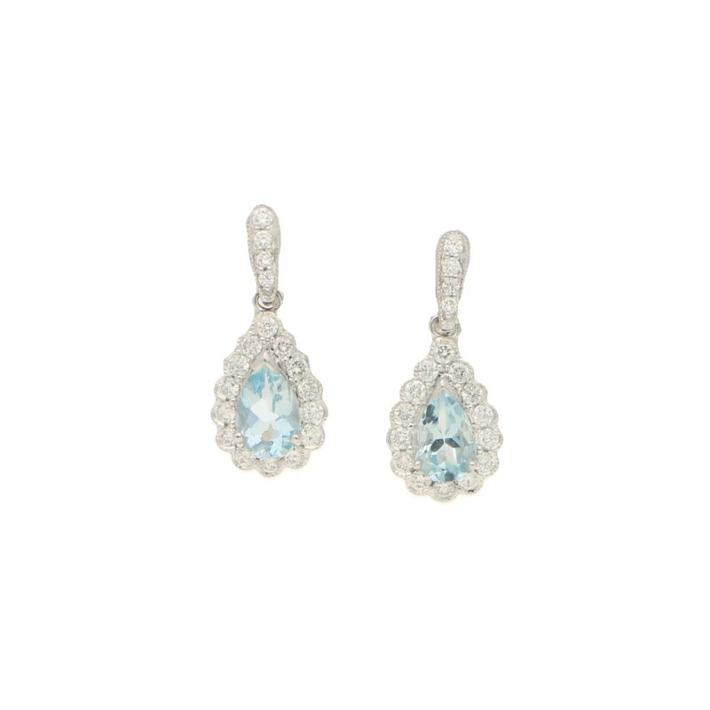 Aquamarine and diamond cluster earrings in 18k white gold.