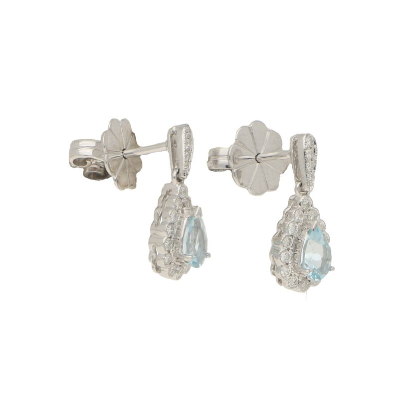 Aquamarine and diamond cluster earrings in 18k white gold.