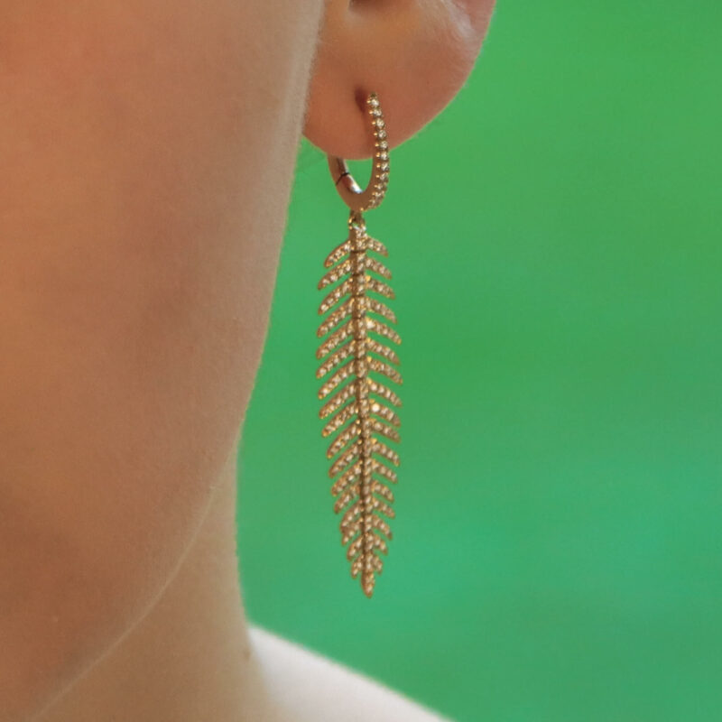 Articulated Feather Diamond Drop Earrings in Yellow Gold