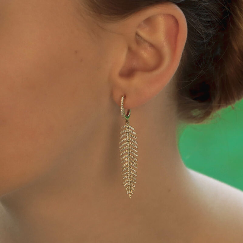 Articulated Feather Diamond Drop Earrings in Yellow Gold