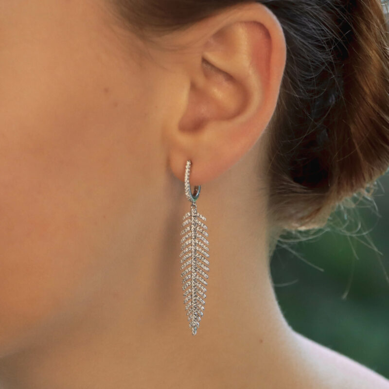 Articulated Feather Diamond Drop Earrings in White Gold