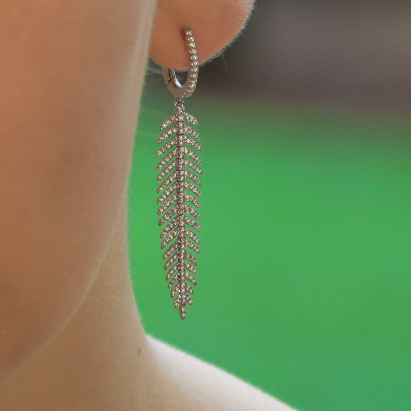 Articulated Feather Diamond Drop Earrings in White Gold