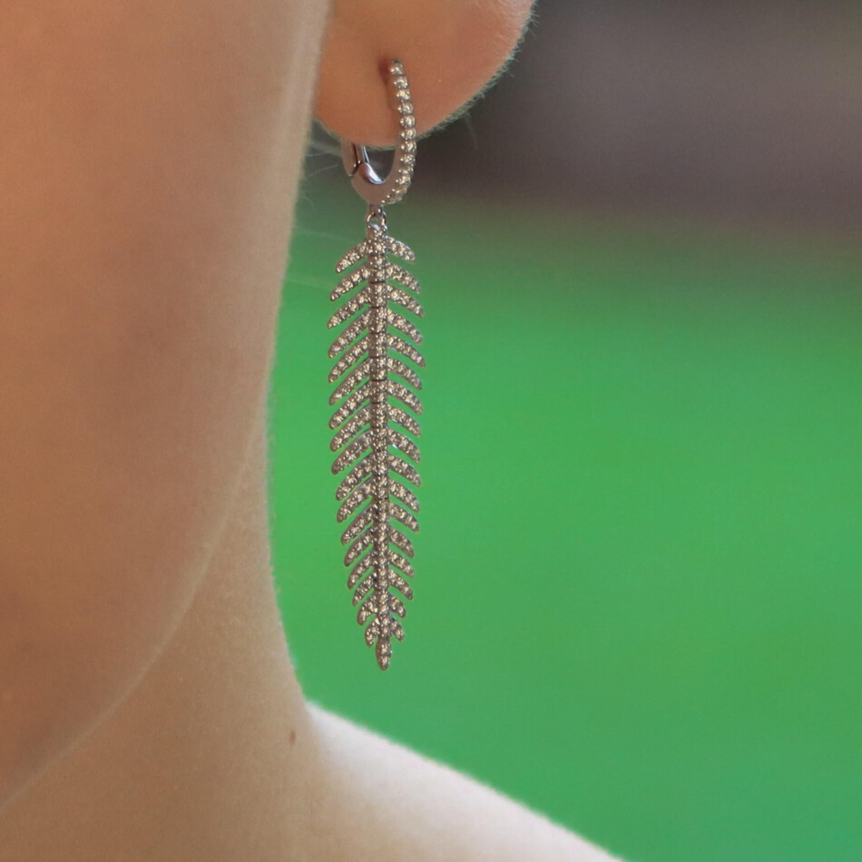 Contemporary Feather Diamond Drop Earrings in White Gold