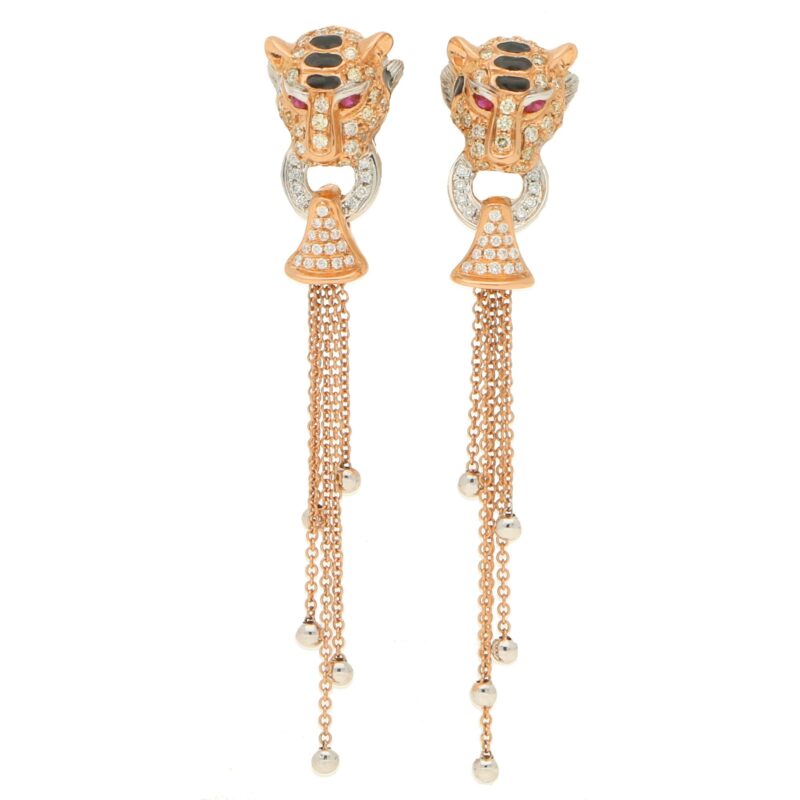 Diamond, Enamel and Ruby Tiger's Head Earrings in Rose Gold