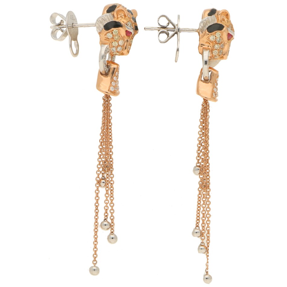 Diamond, Enamel and Ruby Tiger's Head Earrings in Rose Gold