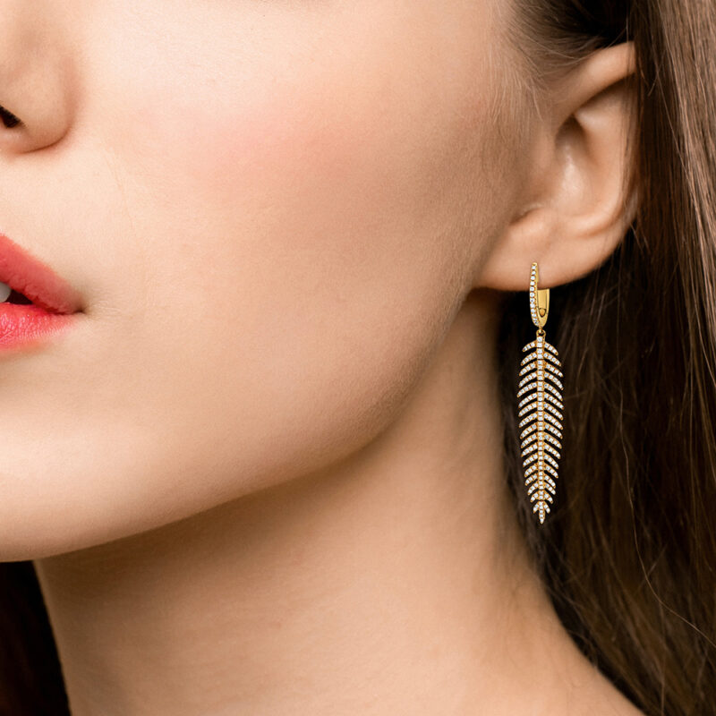 Articulated Feather Diamond Drop Earrings in Yellow Gold