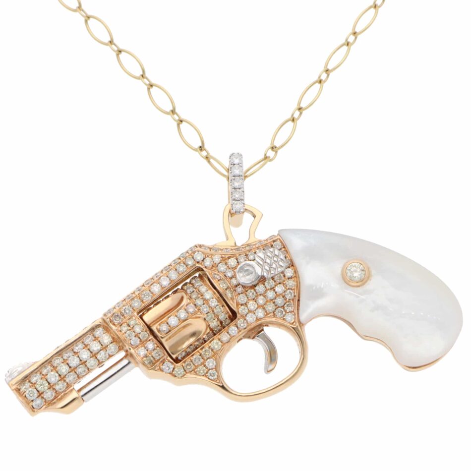 Diamond and Mother of Pearl Jewelled Gun Pendant in Rose Gold