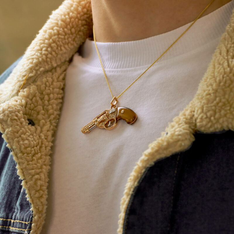 Diamond and Tigers Eye Jewelled Gun Pendant in Rose Gold