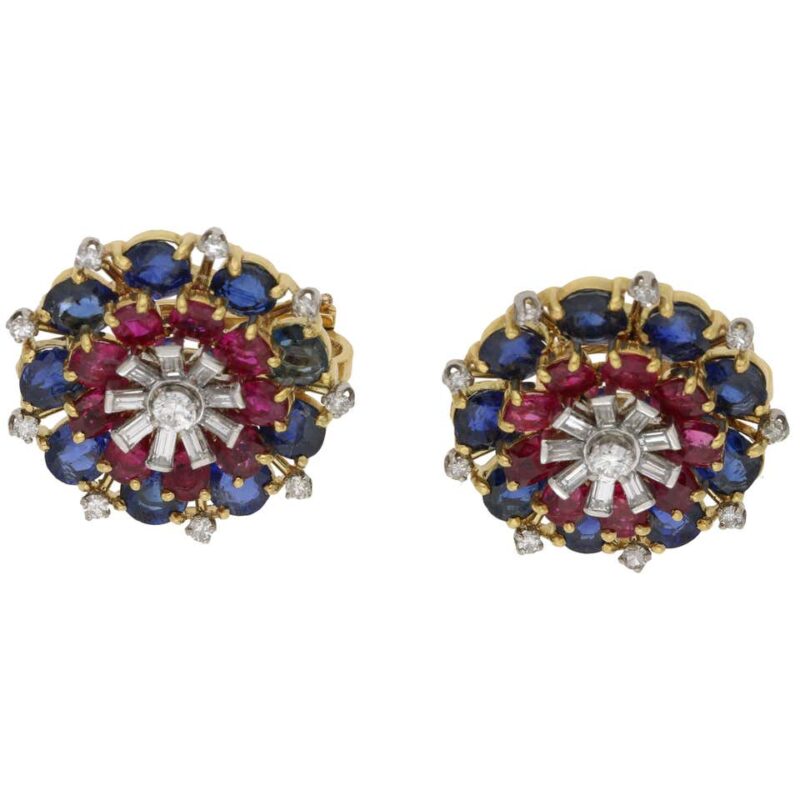 1960's ruby sapphire diamond cluster earrings