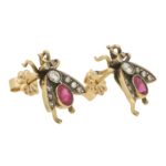 Diamond and Ruby Insect Bee Earrings in 18k Yellow Gold