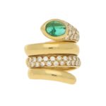 Emerald and Diamond Snake Ring in 18ct Yellow Gold