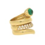 Emerald and Diamond Snake Ring in 18ct Yellow Gold