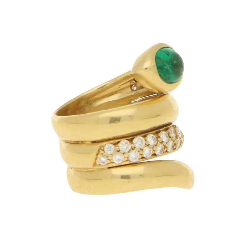 Emerald and Diamond Snake Ring in 18ct Yellow Gold