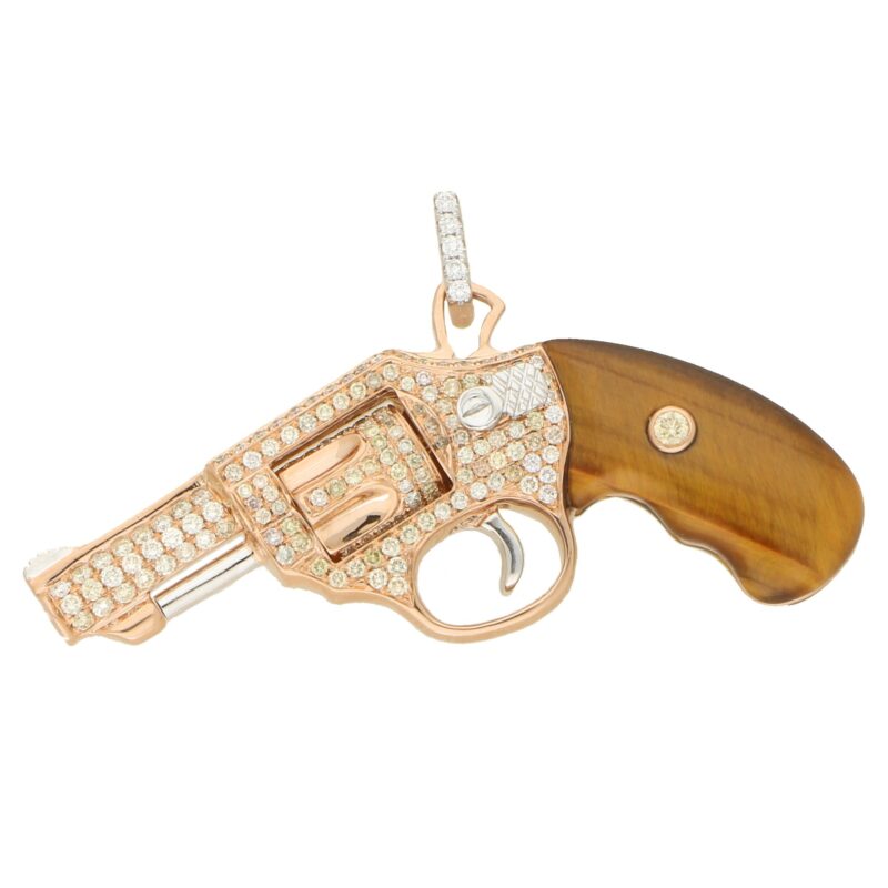 Diamond and Tigers Eye Jewelled Gun Pendant in Rose Gold