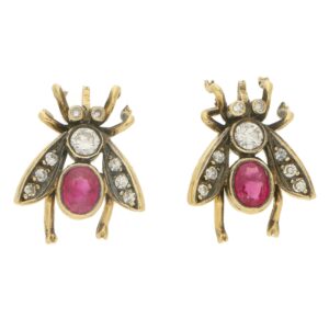 Diamond and Ruby Insect Bee Earrings in 18k Yellow Gold