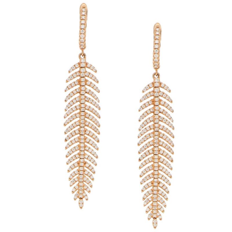 Articulated Diamond Feather Drop Earrings in Rose Gold