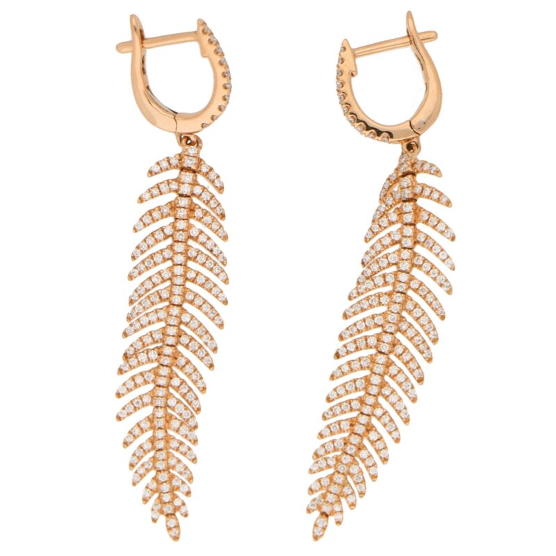 Articulated Diamond Feather Drop Earrings in Rose Gold