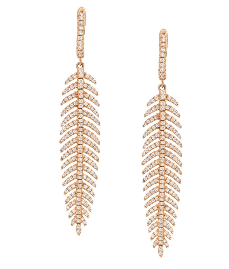 Articulated Diamond Feather Drop Earrings in Rose Gold