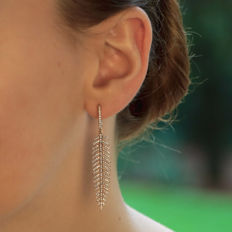 Articulated Diamond Feather Drop Earrings in Rose Gold