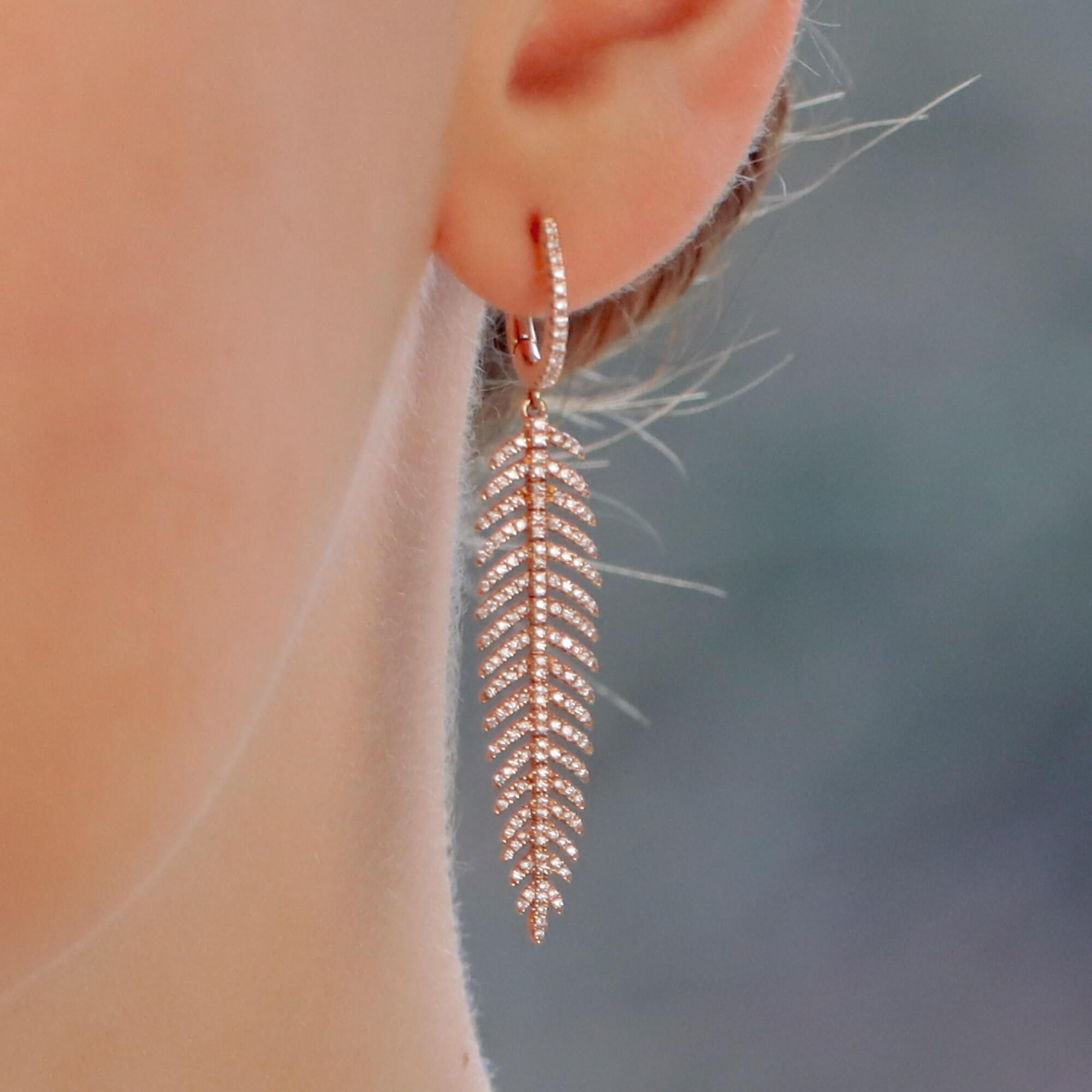 Articulated Diamond Feather Drop Earrings in Rose Gold at Susannah