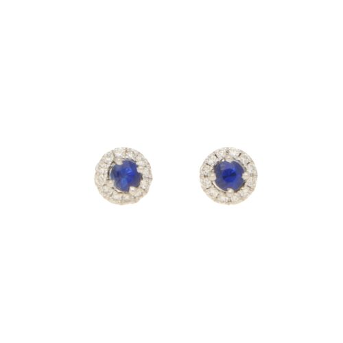 Sapphire and Diamond Cluster Stud Earrings in White Gold