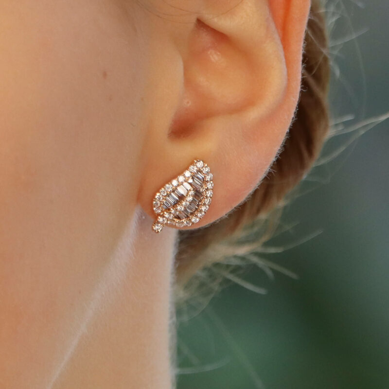 Diamond Leaf Stud Earrings in Rose Gold