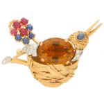 Citrine, Ruby, Sapphire and Diamond Nesting Bird Brooch