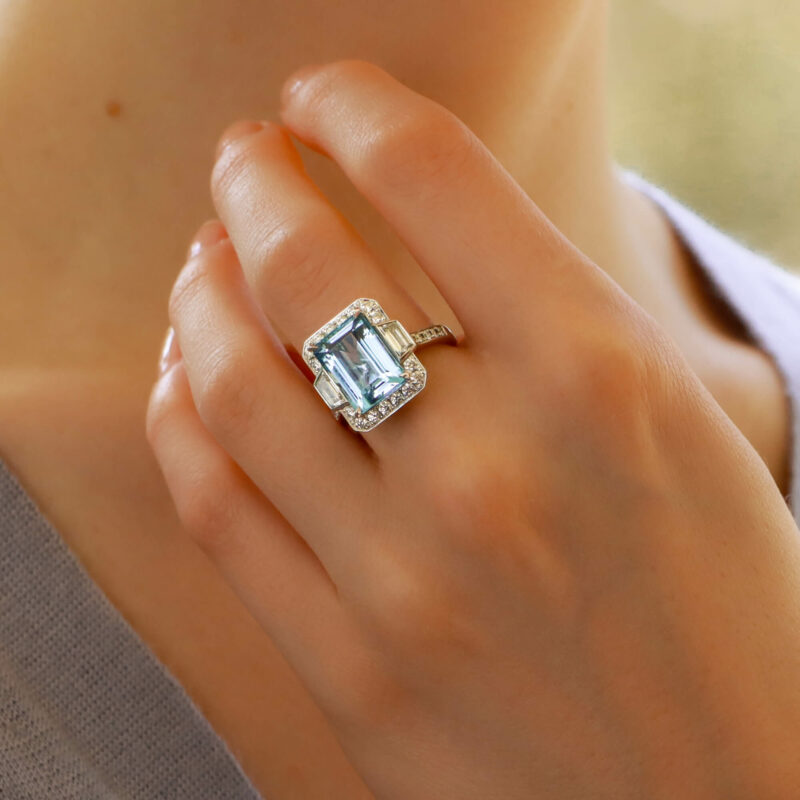 Octagonal Aquamarine Cluster Halo Ring Set in Platinum