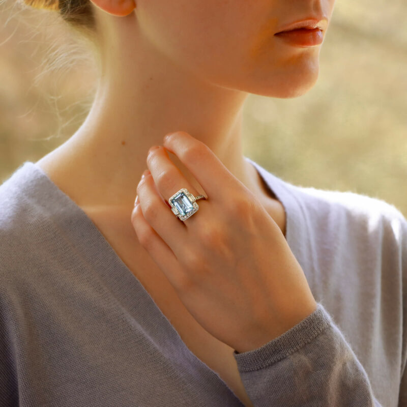 Octagonal Aquamarine Cluster Halo Ring Set in Platinum
