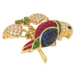 Parrot Brooch Invisibly-Set Rubies, Sapphires, Garnet, Diamonds