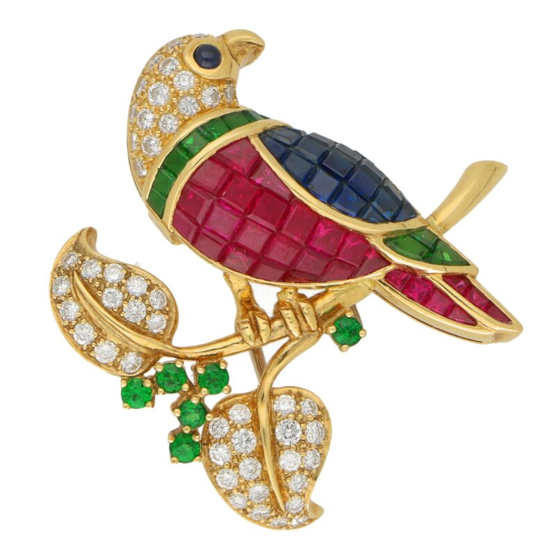 Parrot Brooch Invisibly-Set Rubies, Sapphires, Garnet, Diamonds